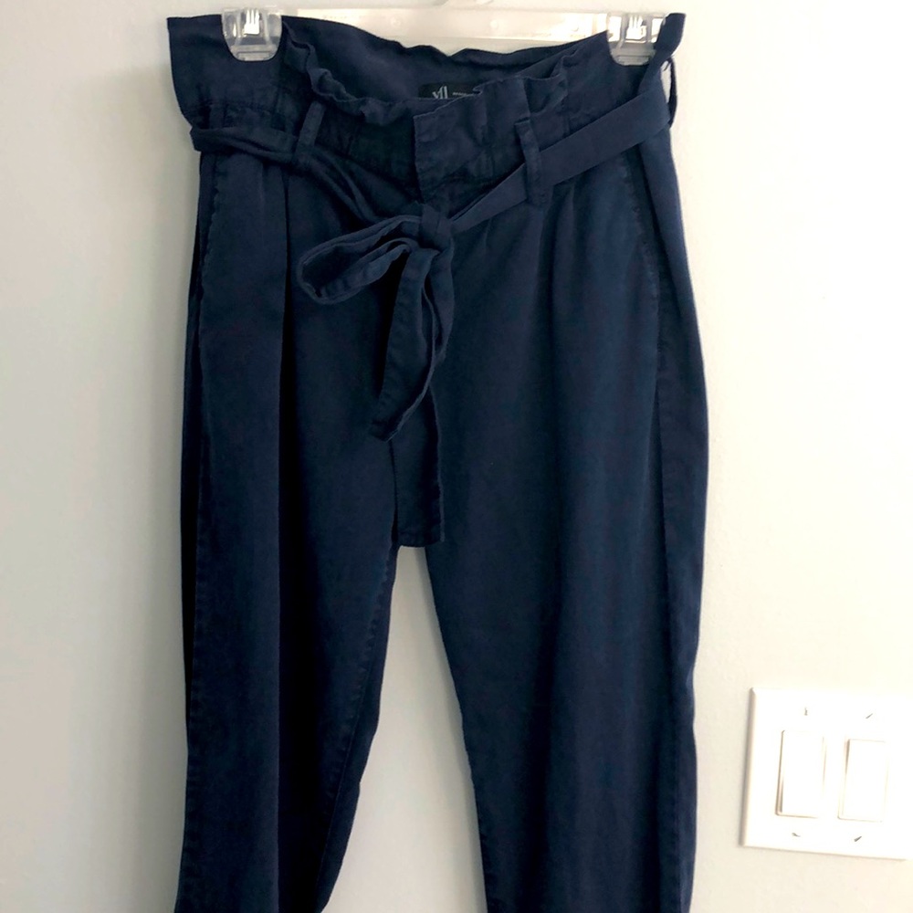 Navy, paper bag waisted, belted pants
